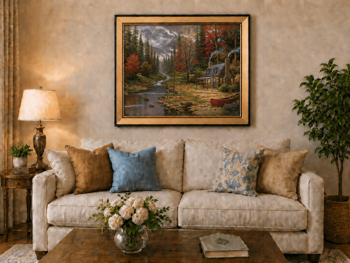 Landscape Oil Painting - Autumn Forest Cabin With Fishing Angler