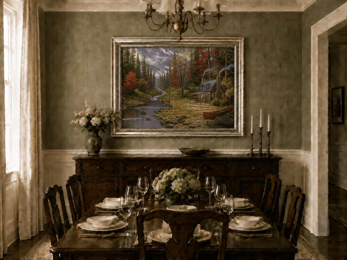 Landscape Oil Painting - Autumn Forest Cabin With Fishing Angler