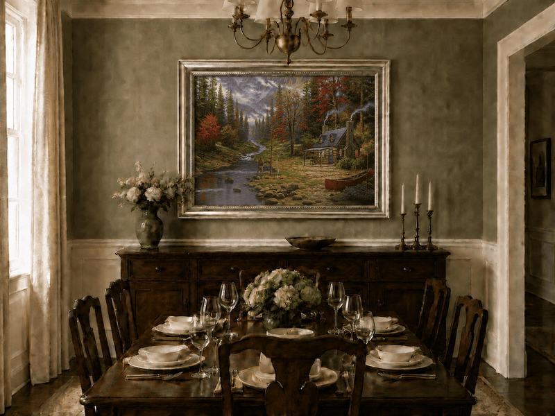 Landscape Oil Painting - Autumn Forest Cabin With Fishing Angler