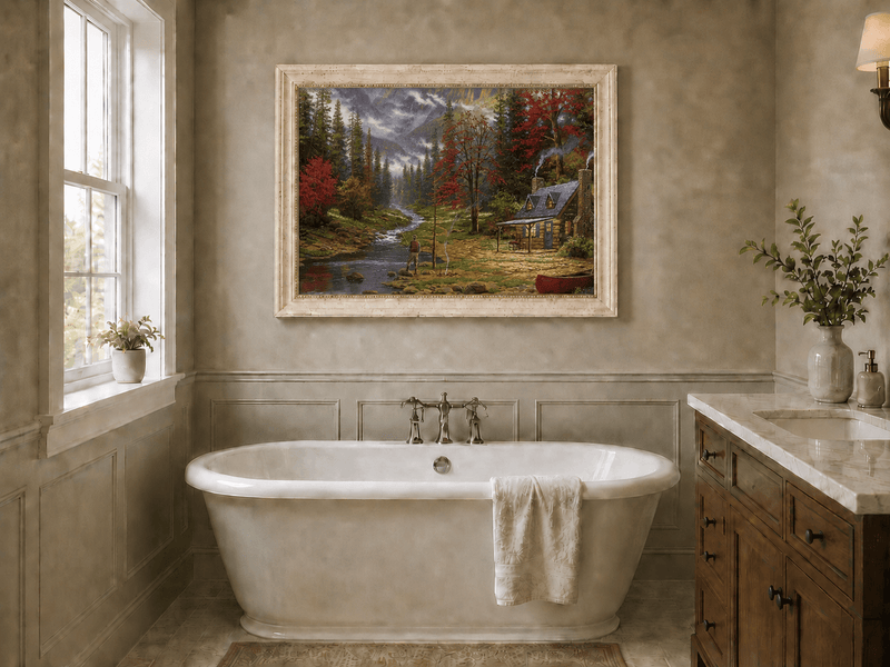 Landscape Oil Painting - Autumn Forest Cabin With Fishing Angler