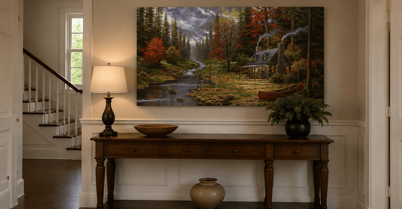 Landscape Oil Painting - Autumn Forest Cabin With Fishing Angler