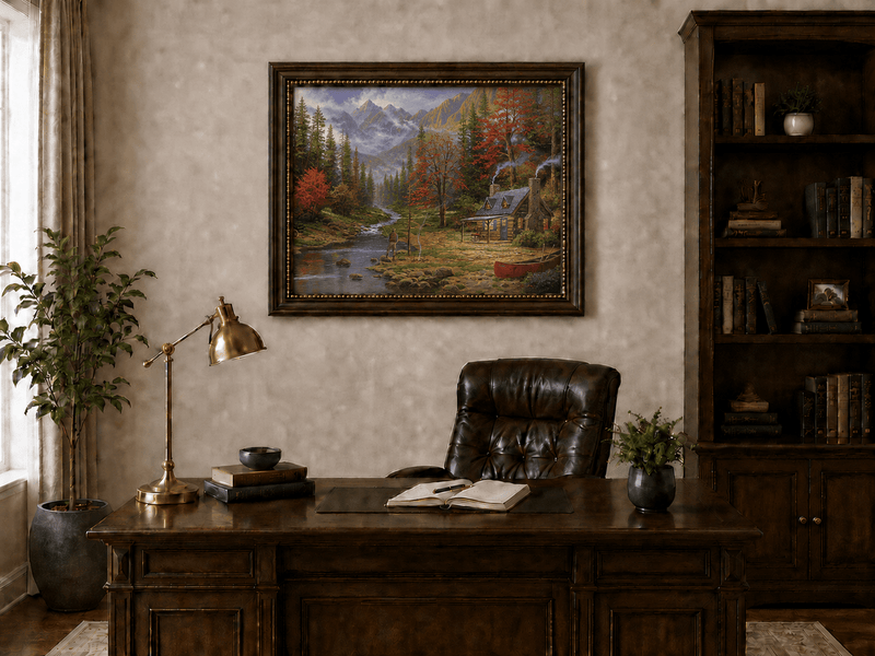 Landscape Oil Painting - Autumn Forest Cabin With Fishing Angler