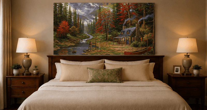 Landscape Oil Painting - Autumn Forest Cabin With Fishing Angler