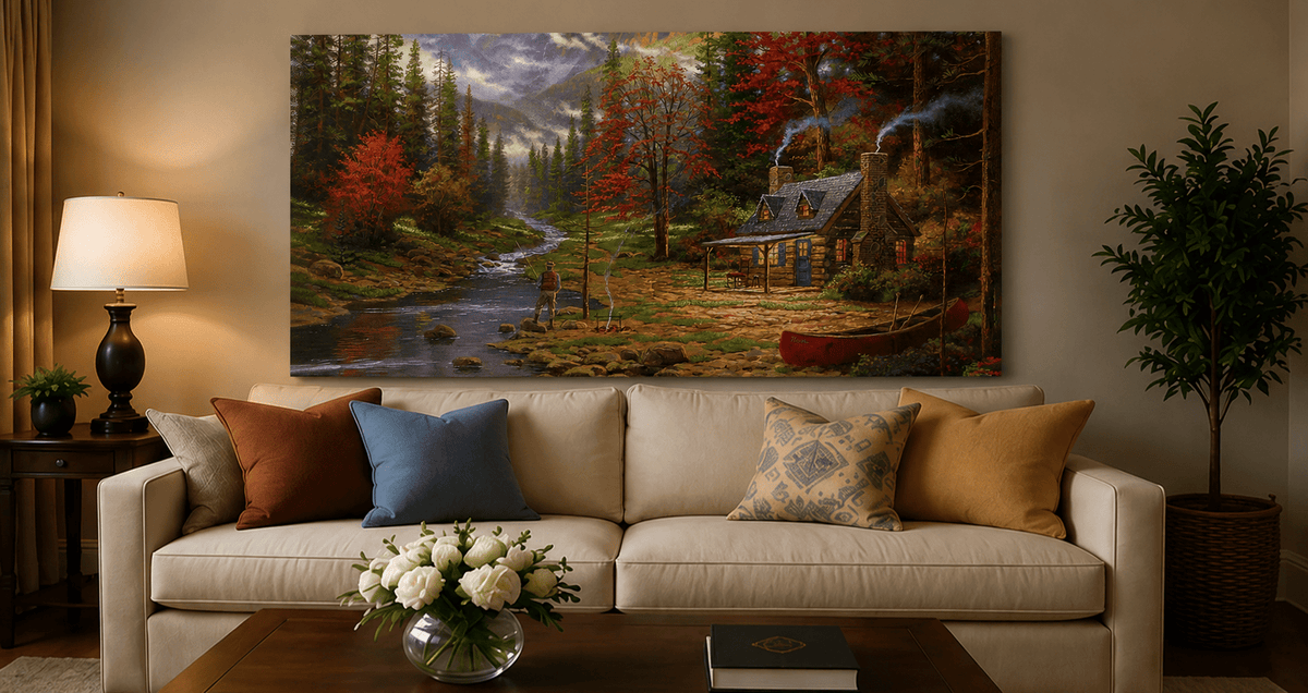Landscape Oil Painting - Autumn Forest Cabin With Fishing Angler