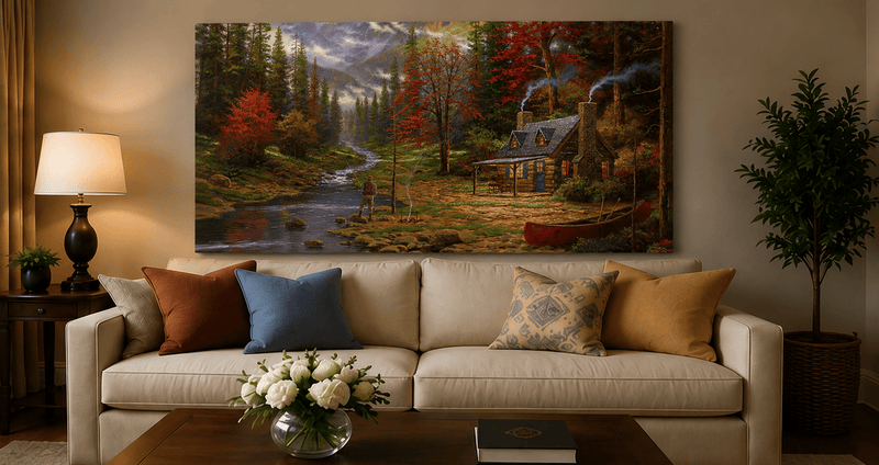 Landscape Oil Painting - Autumn Forest Cabin With Fishing Angler