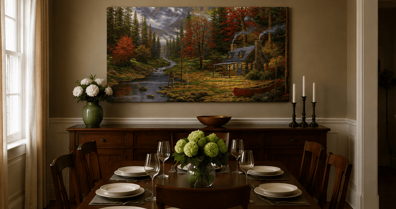 Landscape Oil Painting - Autumn Forest Cabin With Fishing Angler