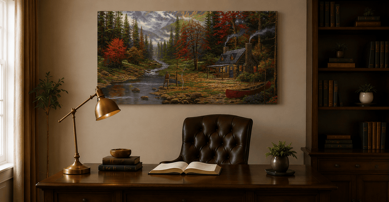 Landscape Oil Painting - Autumn Forest Cabin With Fishing Angler