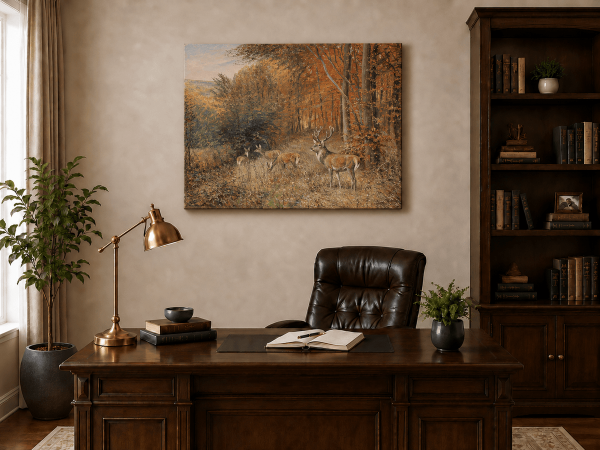 Landschaftsölgemälde – Herbstwaldszene mit Hirschen