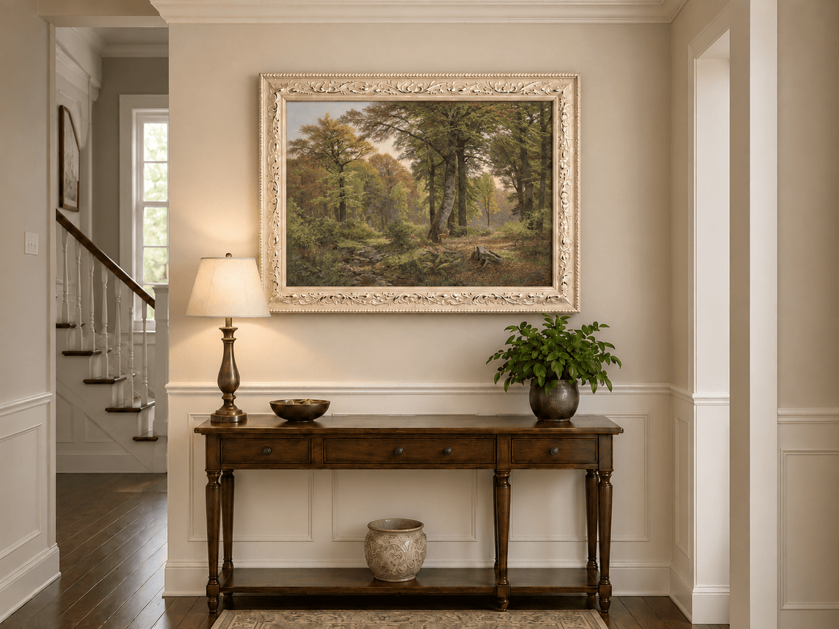 Landscape Oil Painting - Autumn Forest, Deer, Stream & Towering