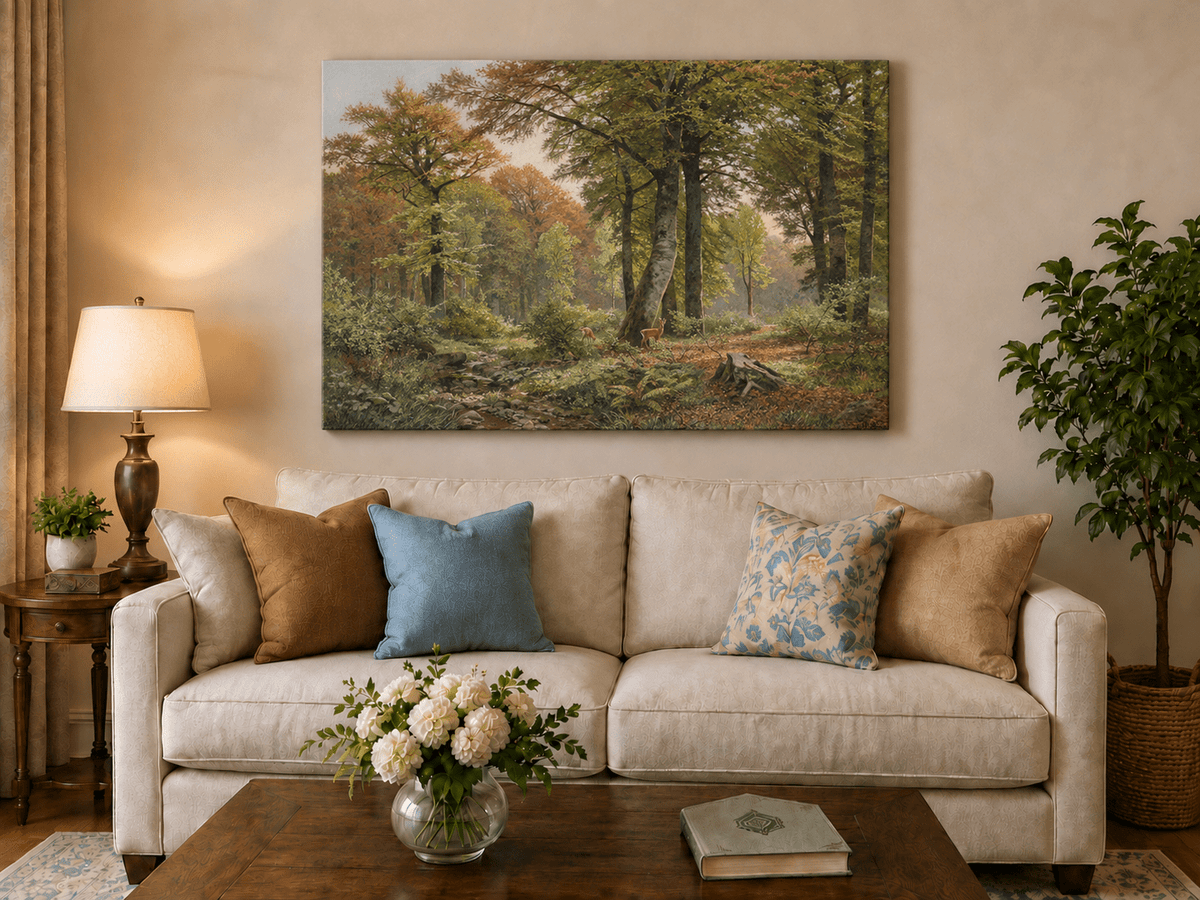 Landscape Oil Painting - Autumn Forest, Deer, Stream & Towering