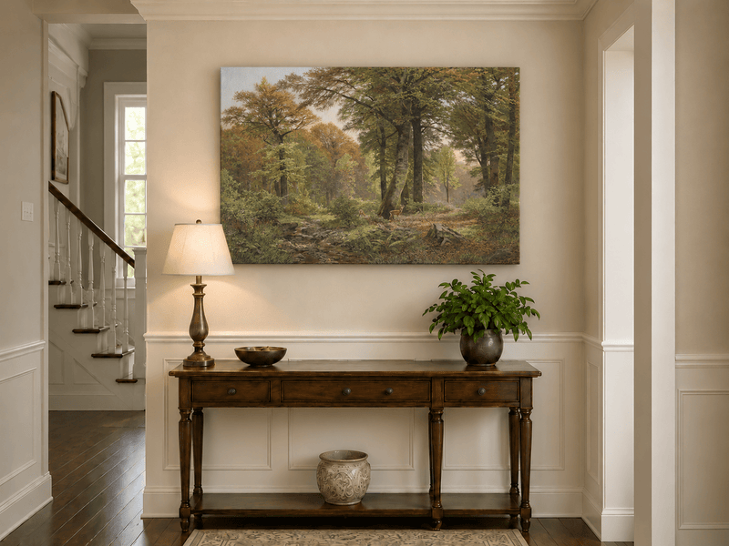Landscape Oil Painting - Autumn Forest, Deer, Stream & Towering