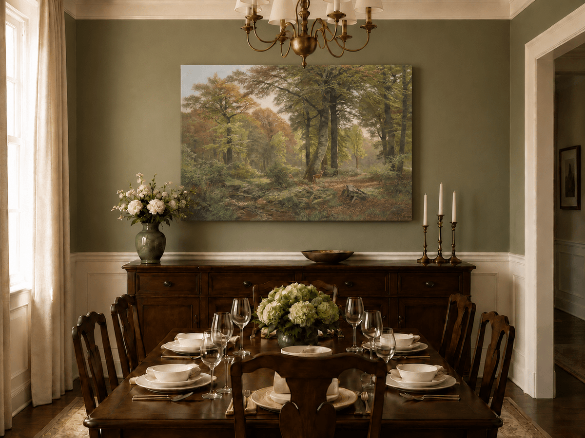 Landscape Oil Painting - Autumn Forest, Deer, Stream & Towering