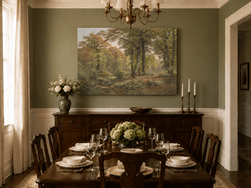 Landscape Oil Painting - Autumn Forest, Deer, Stream & Towering