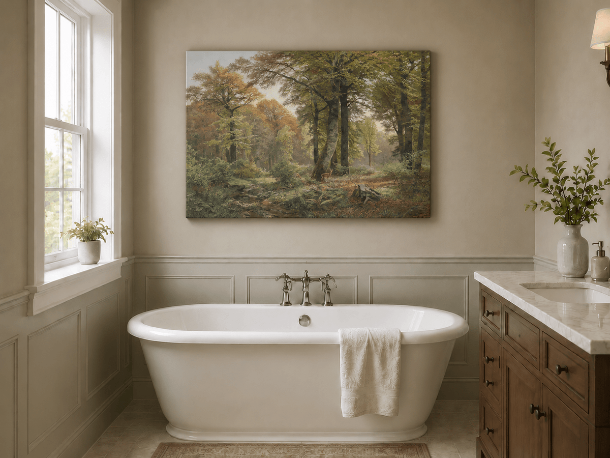 Landscape Oil Painting - Autumn Forest, Deer, Stream & Towering