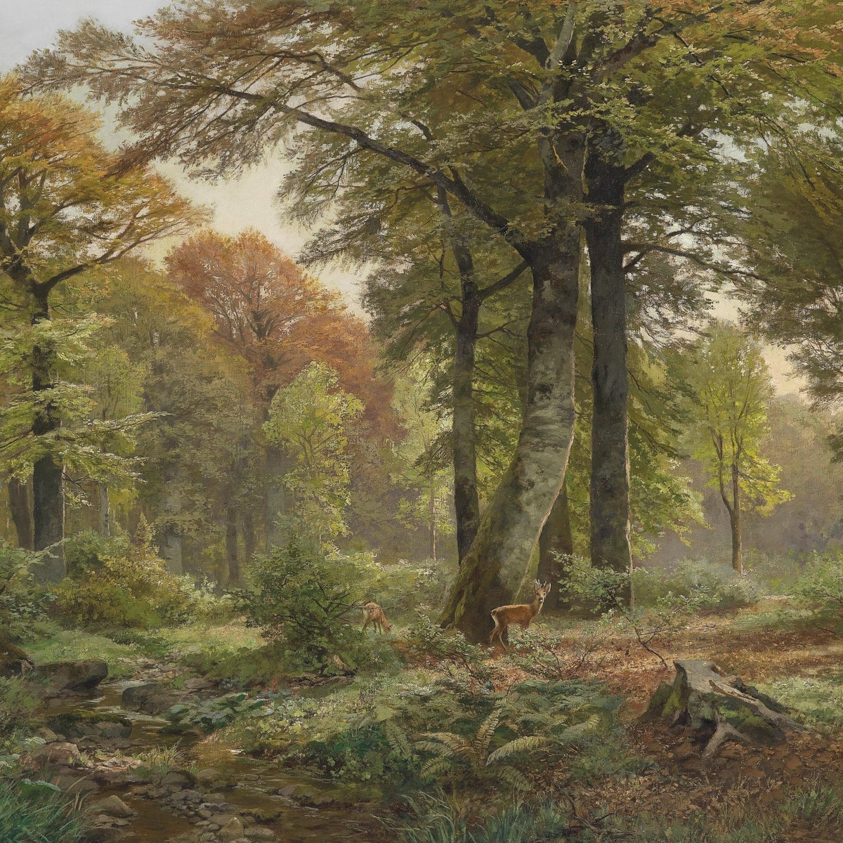 Landscape Oil Painting - Autumn Forest, Deer, Stream & Towering Trees - Oil Painting Haven