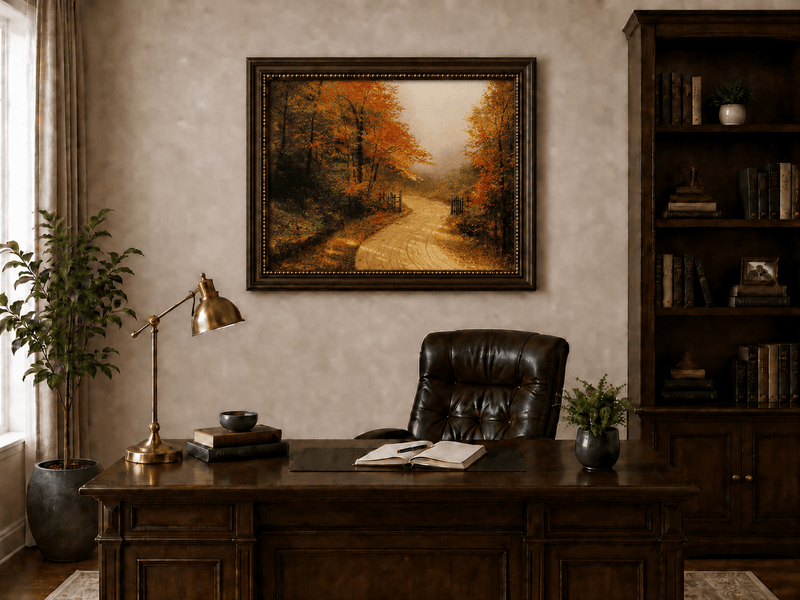 Peinture à l'huile de paysage - Chemin de terre en forêt d'automne avec des feuilles rouge vif