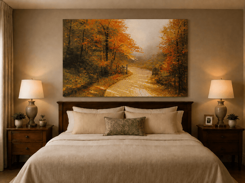 Peinture à l'huile de paysage - Chemin de terre en forêt d'automne avec des feuilles rouge vif