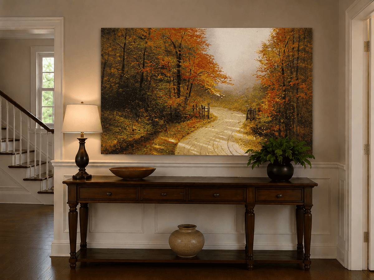 Peinture à l'huile de paysage - Chemin de terre en forêt d'automne avec des feuilles rouge vif