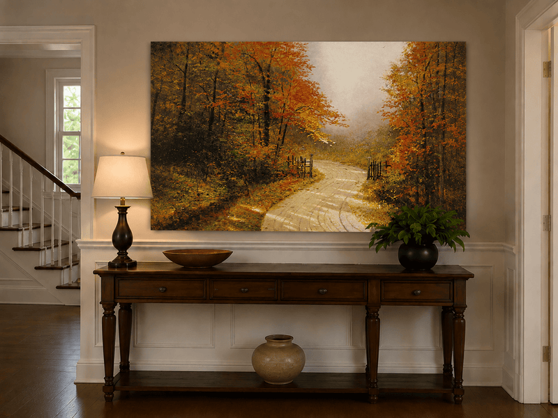 Peinture à l'huile de paysage - Chemin de terre en forêt d'automne avec des feuilles rouge vif