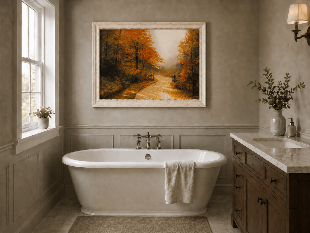 Peinture à l'huile de paysage - Chemin de terre en forêt d'automne avec des feuilles rouge vif