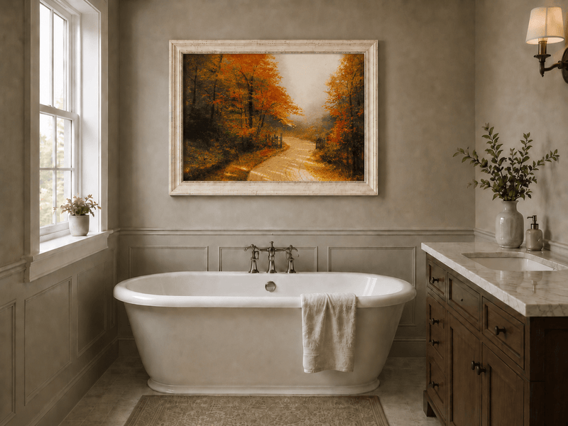 Peinture à l'huile de paysage - Chemin de terre en forêt d'automne avec des feuilles rouge vif