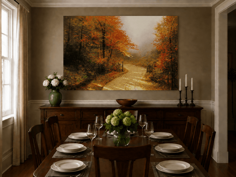 Peinture à l'huile de paysage - Chemin de terre en forêt d'automne avec des feuilles rouge vif