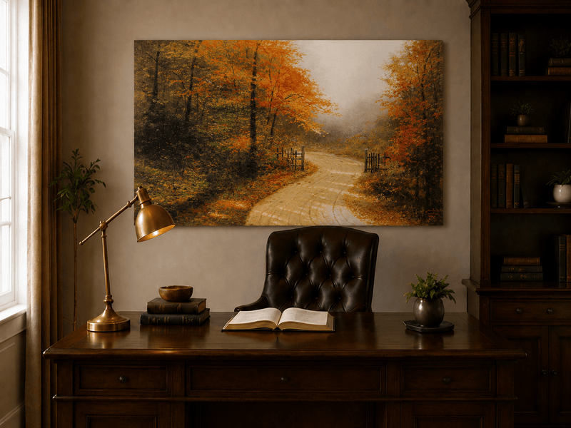 Peinture à l'huile de paysage - Chemin de terre en forêt d'automne avec des feuilles rouge vif
