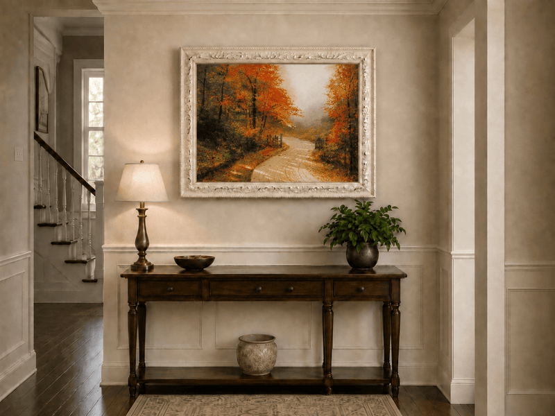 Peinture à l'huile de paysage - Chemin de terre en forêt d'automne avec des feuilles rouge vif