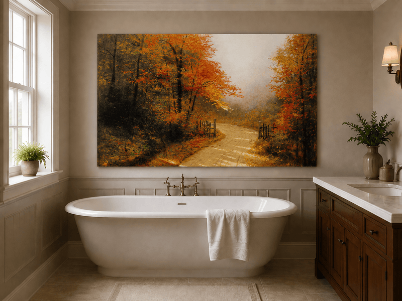 Peinture à l'huile de paysage - Chemin de terre en forêt d'automne avec des feuilles rouge vif