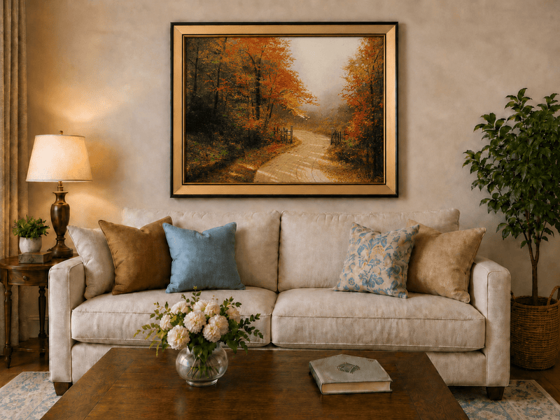 Peinture à l'huile de paysage - Chemin de terre en forêt d'automne avec des feuilles rouge vif