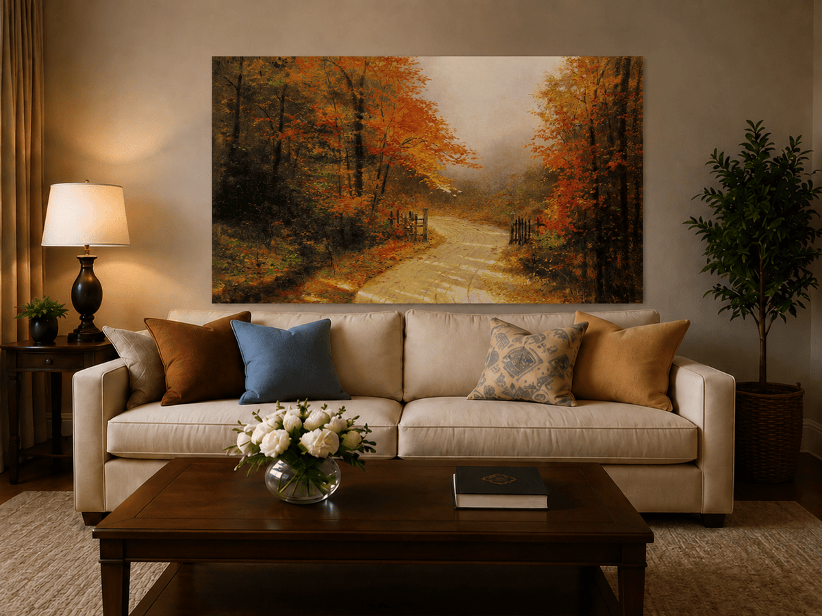 Peinture à l'huile de paysage - Chemin de terre en forêt d'automne avec des feuilles rouge vif