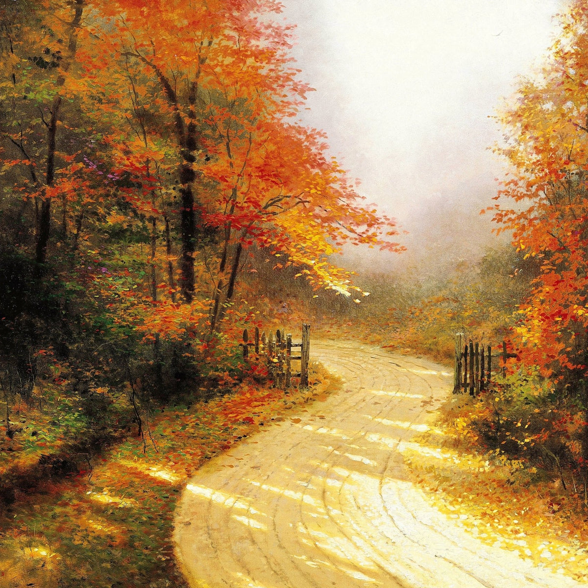 Landscape Oil Painting - Autumn Forest Dirt Road With Vibrant Red Leaves - Oil Painting Haven