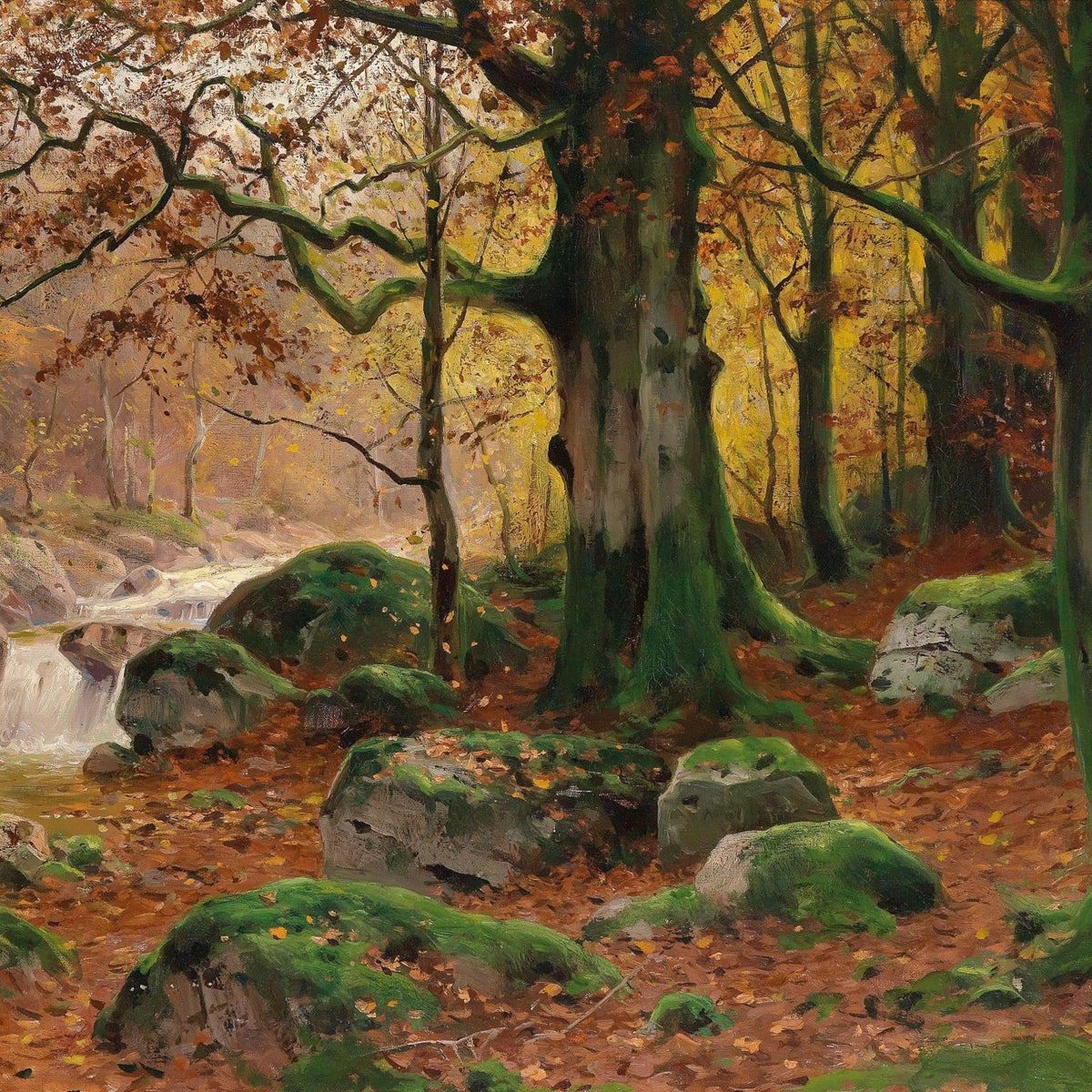 Landscape Oil Painting - Autumn forest glen & mossy rocks, stream - Oil Painting Haven