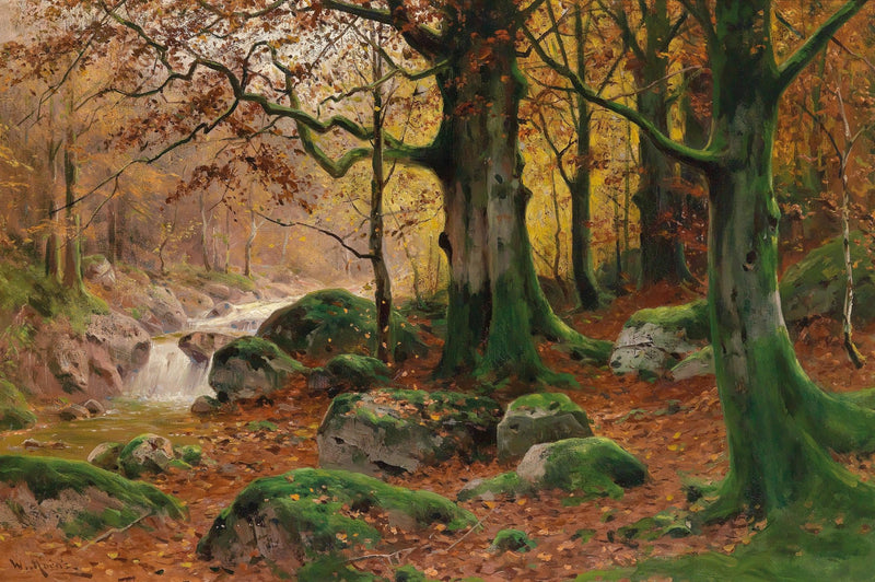 Landscape Oil Painting - Autumn forest glen & mossy rocks, stream - Oil Painting Haven