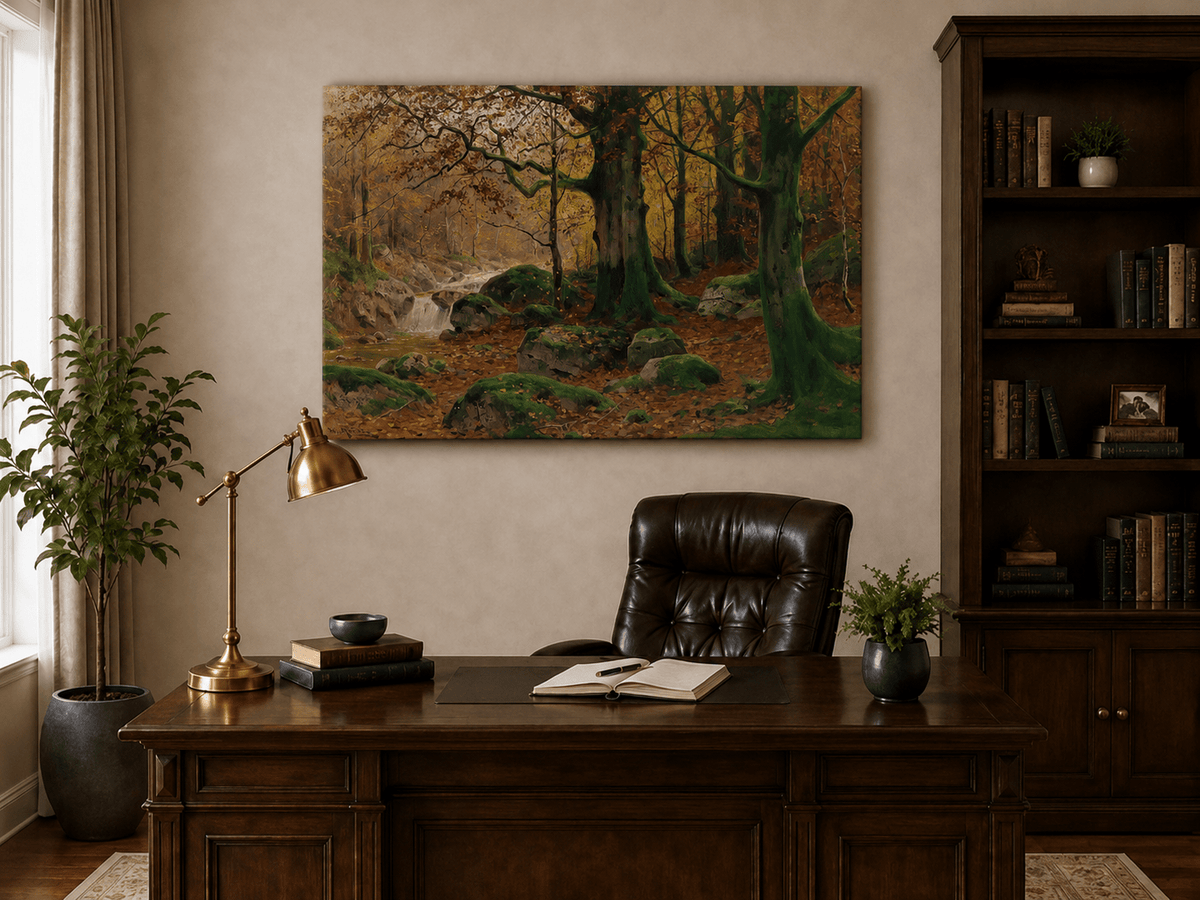 Landscape Oil Painting - Autumn forest glen & mossy rocks, stream