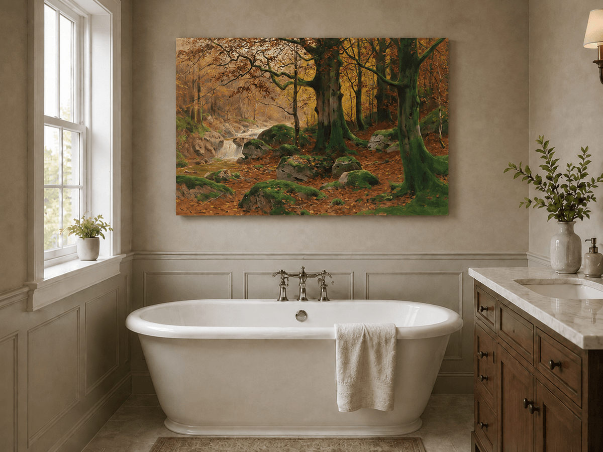 Landscape Oil Painting - Autumn forest glen & mossy rocks, stream