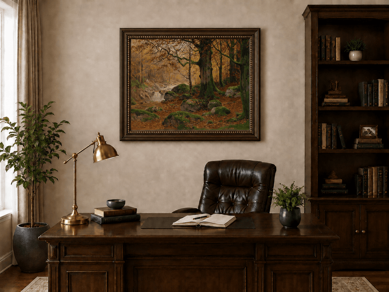 Landscape Oil Painting - Autumn forest glen & mossy rocks, stream