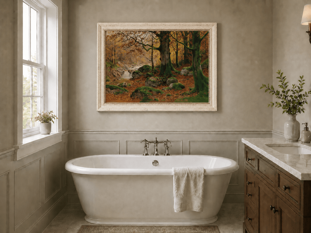 Landscape Oil Painting - Autumn forest glen & mossy rocks, stream