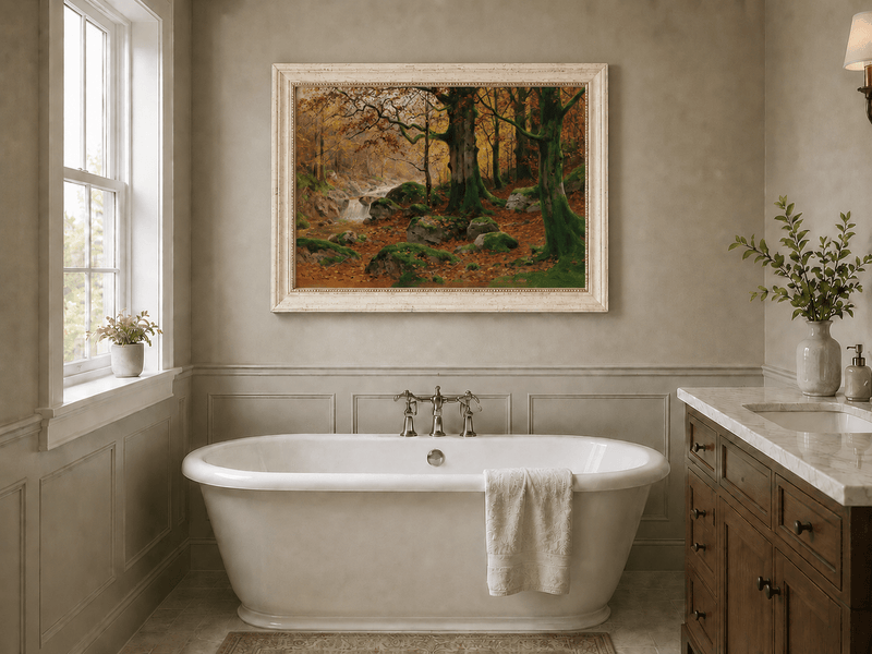 Landscape Oil Painting - Autumn forest glen & mossy rocks, stream