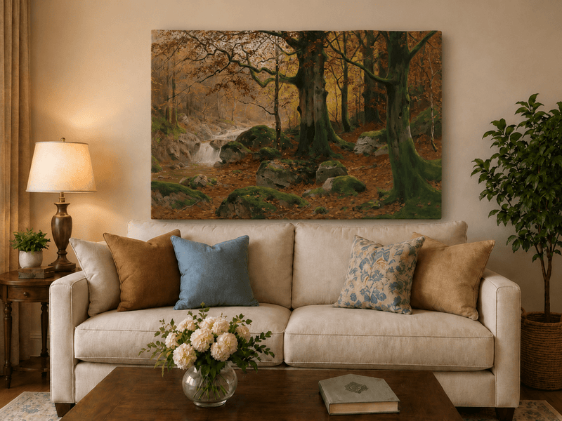 Landscape Oil Painting - Autumn forest glen & mossy rocks, stream