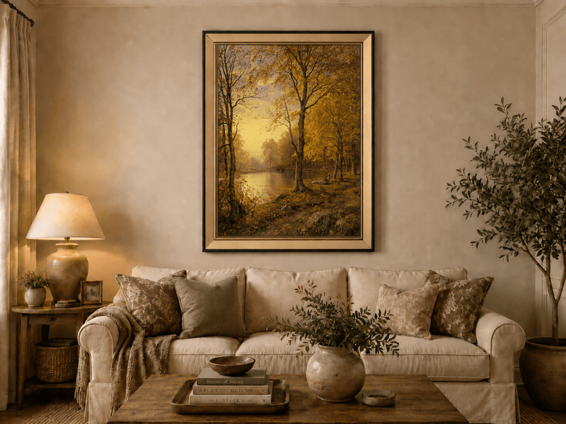 Landschaftsgemälde in Öl – Herbstlicher Waldsee und goldenes Laub