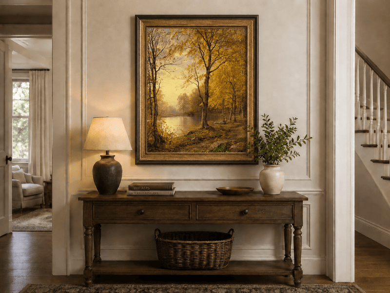 Landschaftsgemälde in Öl – Herbstlicher Waldsee und goldenes Laub