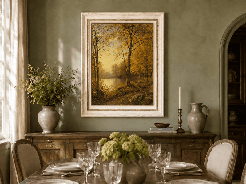 Landschaftsgemälde in Öl – Herbstlicher Waldsee und goldenes Laub
