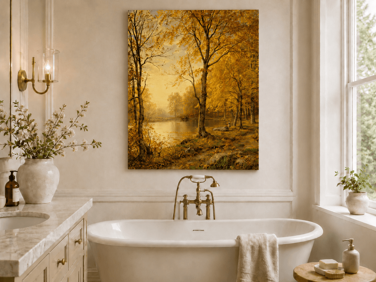 Landschaftsgemälde in Öl – Herbstlicher Waldsee und goldenes Laub