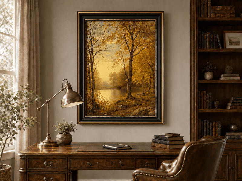 Landschaftsgemälde in Öl – Herbstlicher Waldsee und goldenes Laub