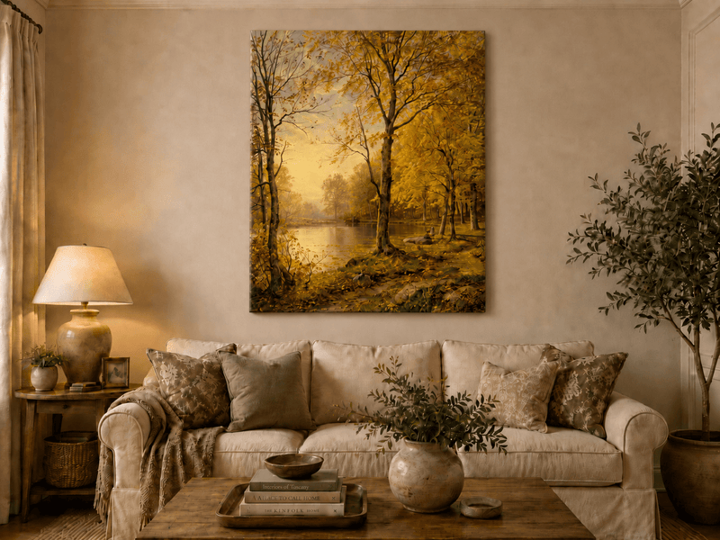 Landschaftsgemälde in Öl – Herbstlicher Waldsee und goldenes Laub