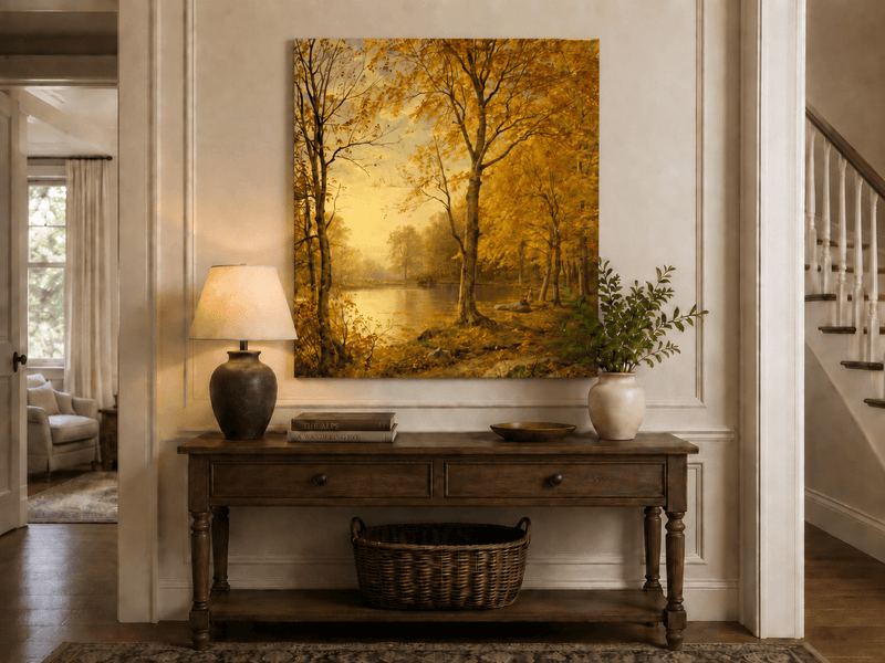 Landschaftsgemälde in Öl – Herbstlicher Waldsee und goldenes Laub