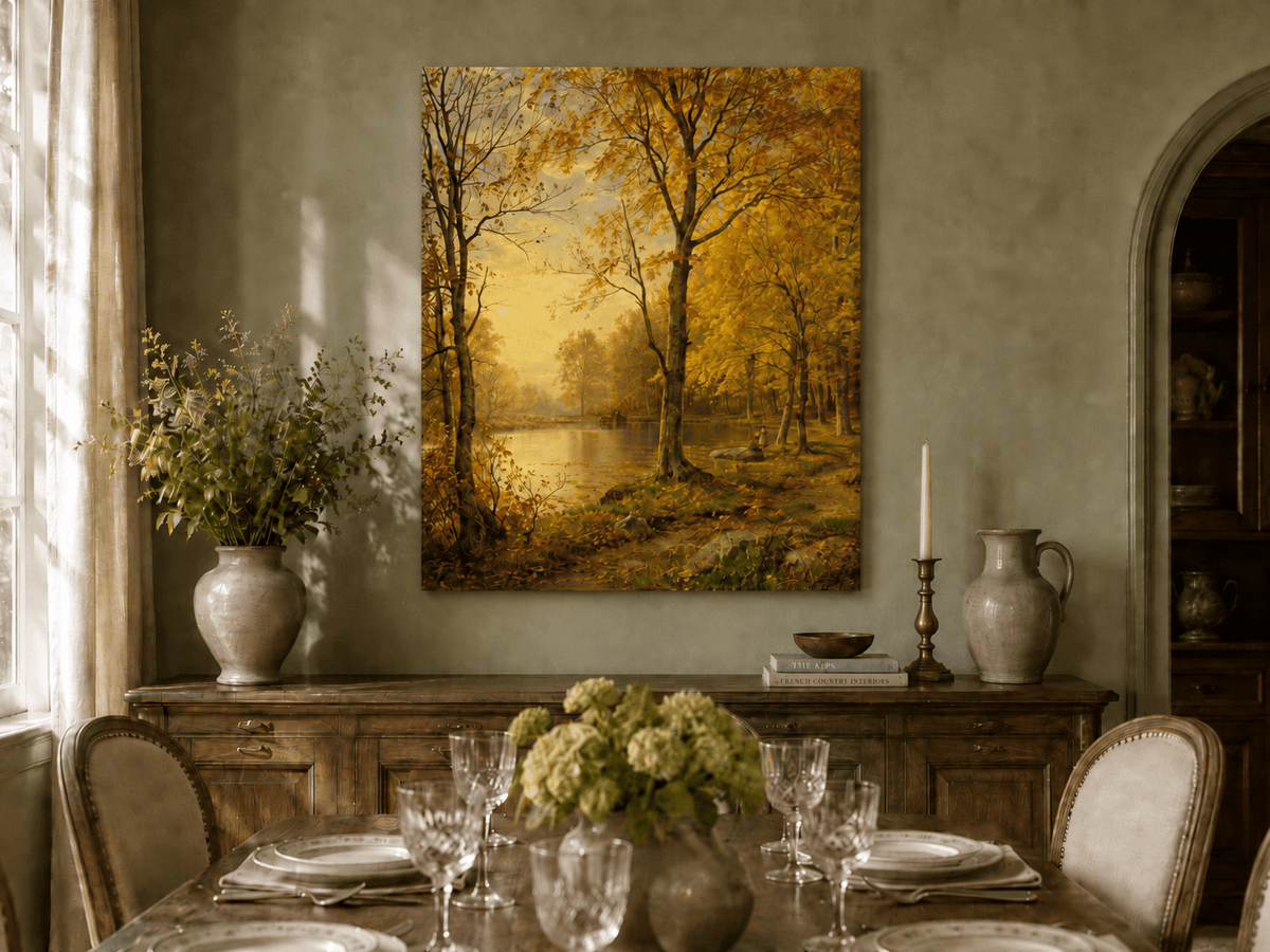 Landschaftsgemälde in Öl – Herbstlicher Waldsee und goldenes Laub