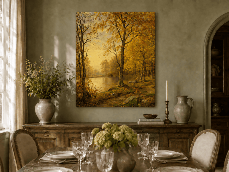 Landschaftsgemälde in Öl – Herbstlicher Waldsee und goldenes Laub