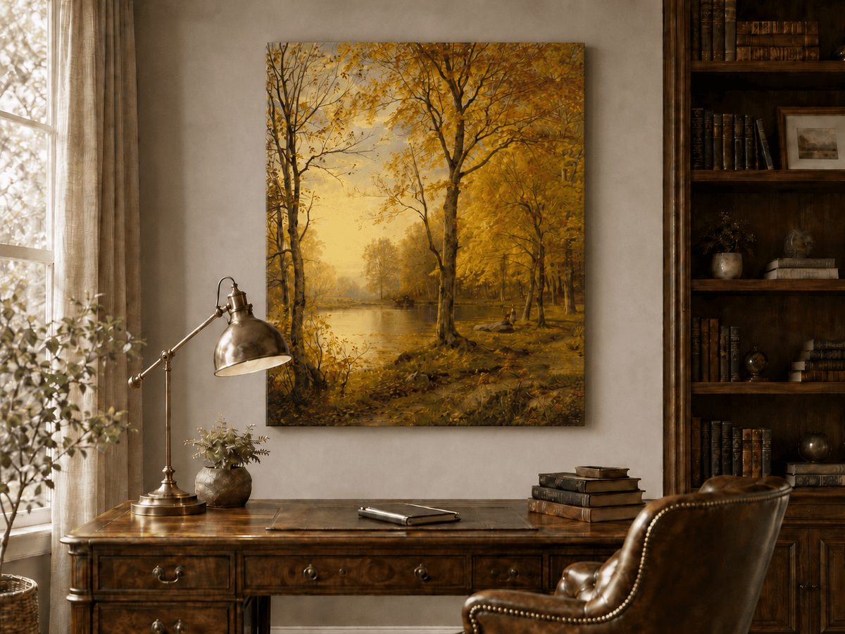 Landschaftsgemälde in Öl – Herbstlicher Waldsee und goldenes Laub